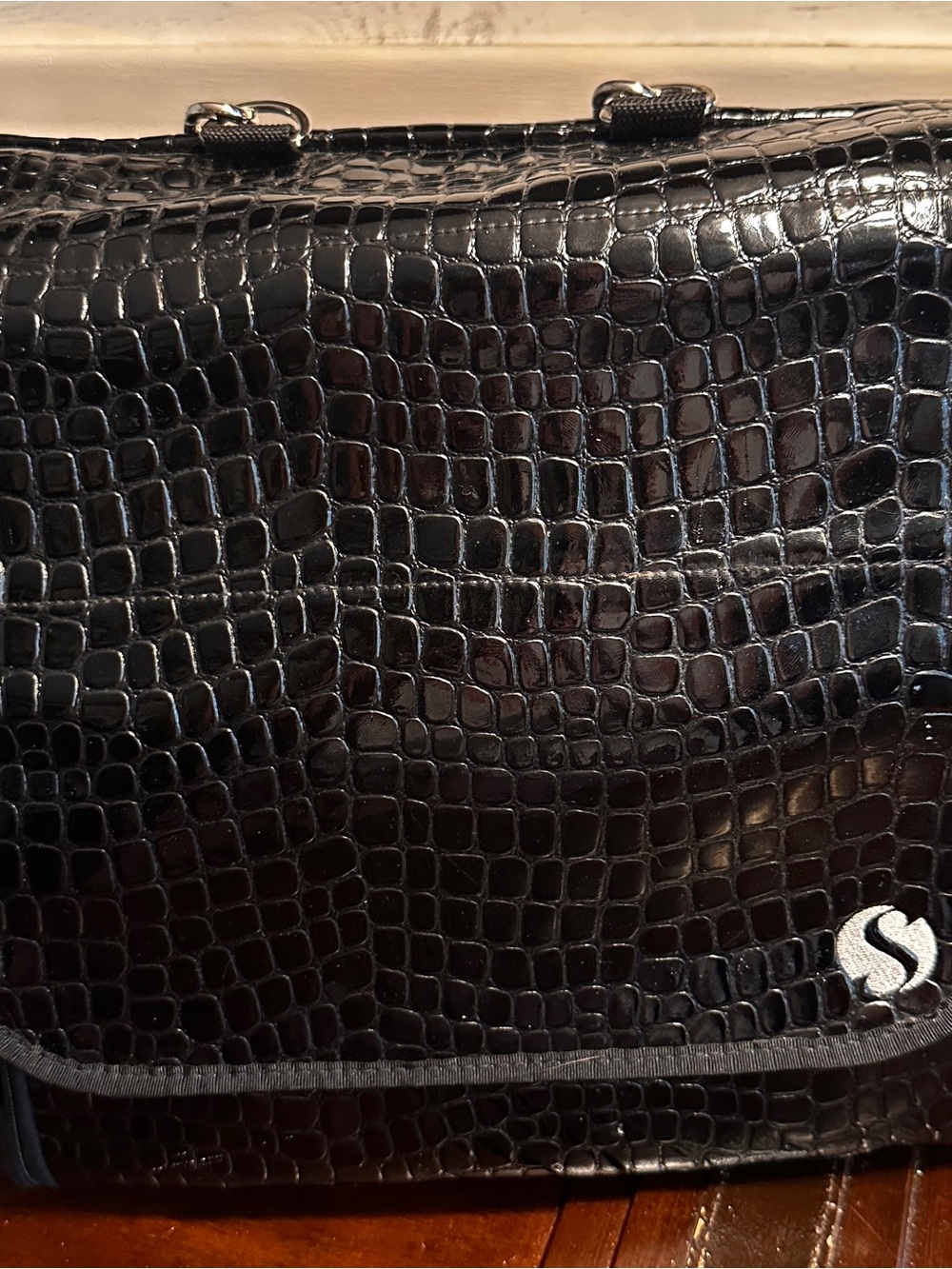 Vegan Shiny black snake skin print Travel Tote Bag with silver Accents